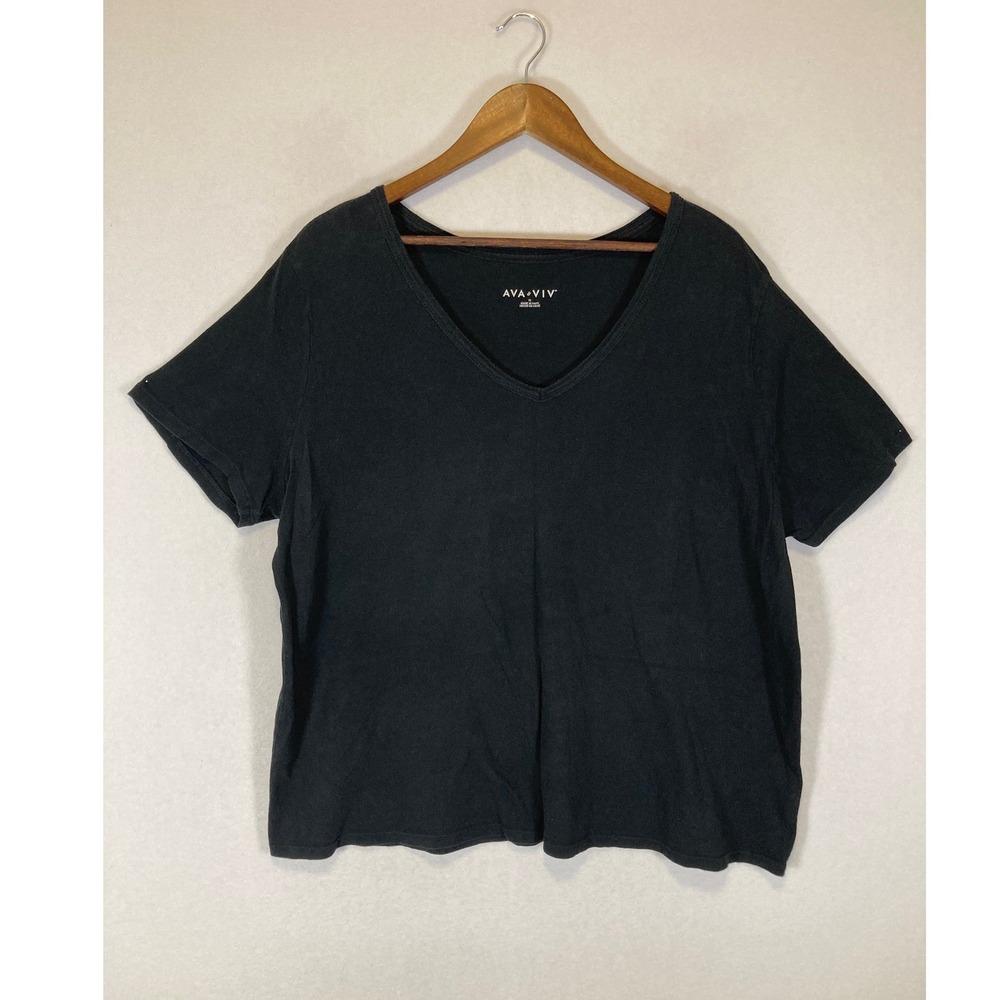 Minimalist Ava & Viv Women 1X Black 100% Cotton Short Sleeve V-Neck Basic Tee